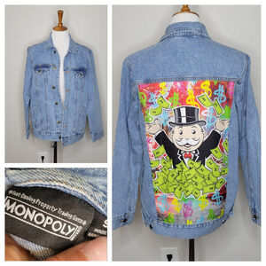 Monopoly Denim Jacket Custom Graffiti Art Mr Monopoly Money Graphic Blue Jean  S